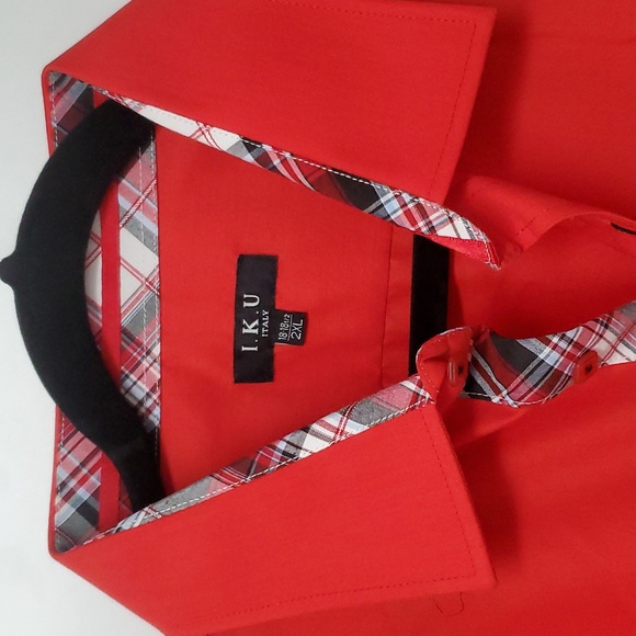 I.K.U. 2XL Mens Red Long Sleeved button down shirt plaid collar interior Reg Fit - Picture 4 of 13